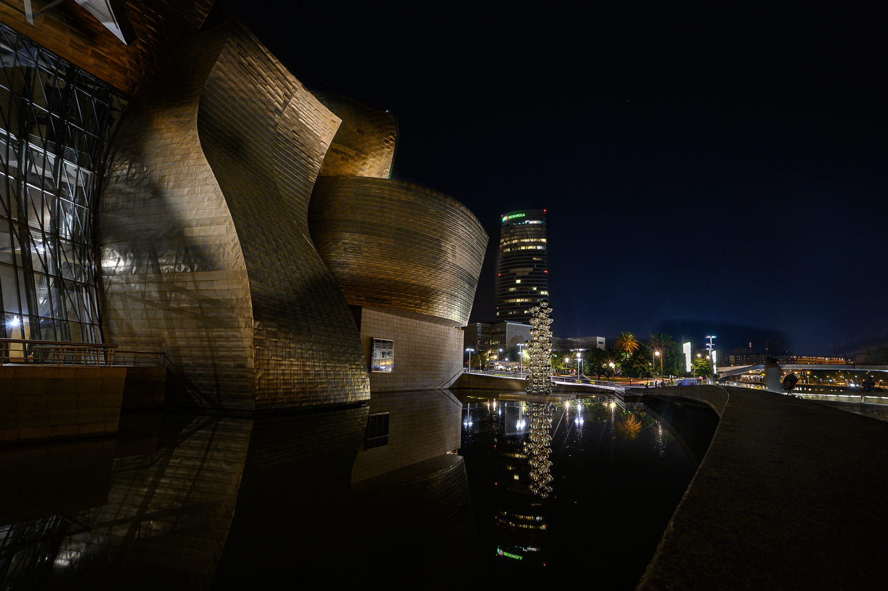 Il Museo Guggenheim e la Torre Iberdrola in notturna