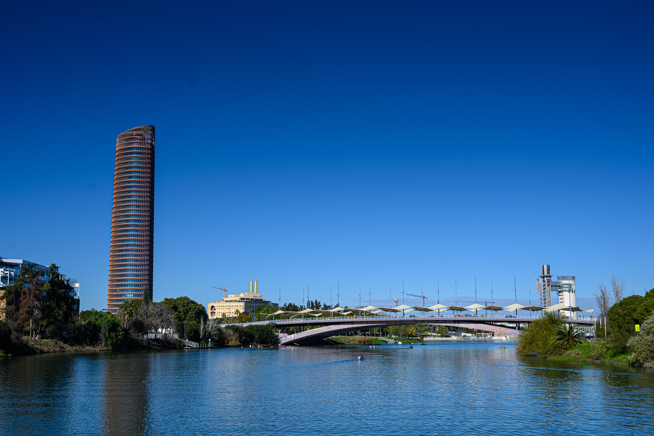 La torre Sevilla e il Puente del Cachorro con le caratteristiche le pensiline bianche a vela che offrono ombra ai pedoni.
